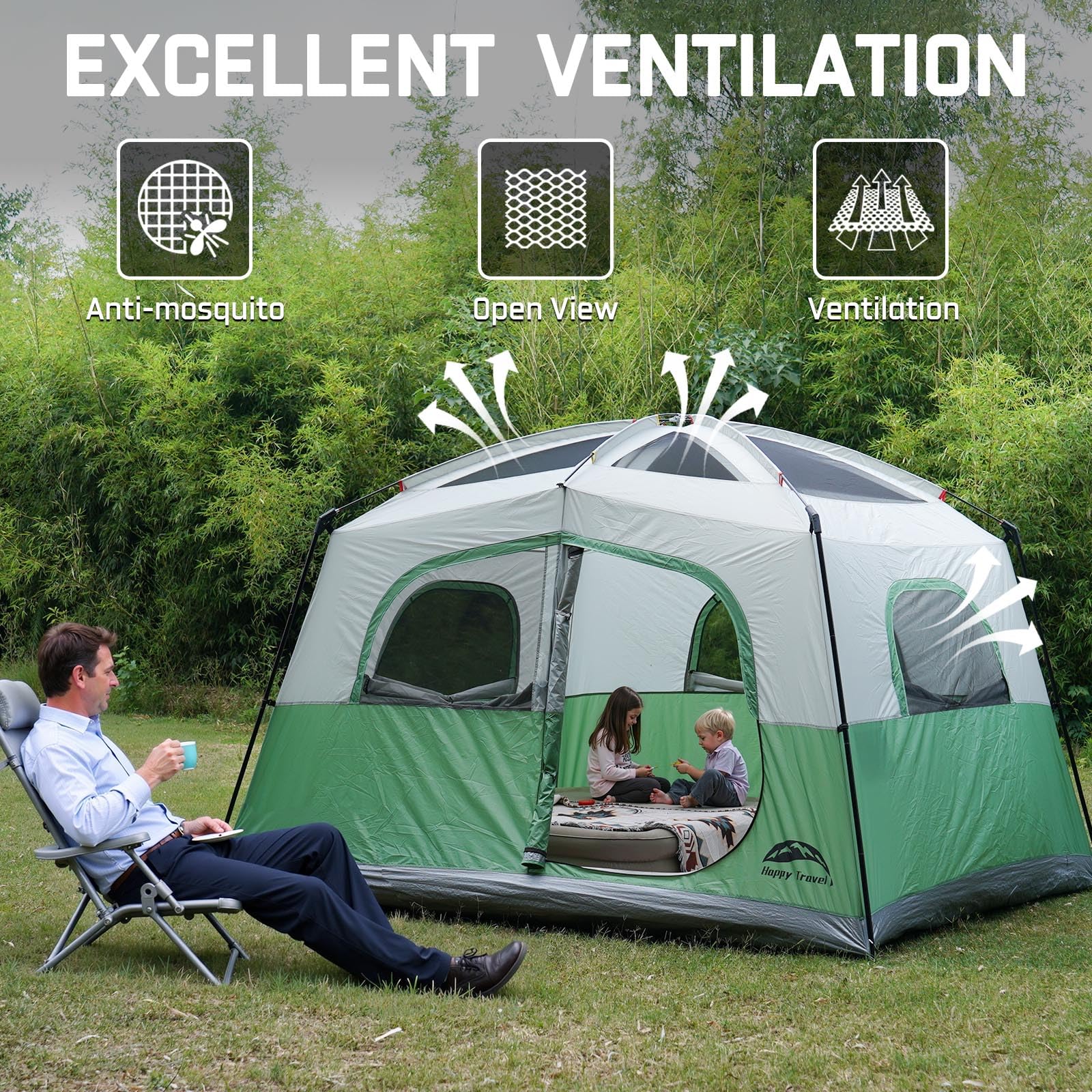 Happy Travel 6P tent five large mesh windows for ventilation