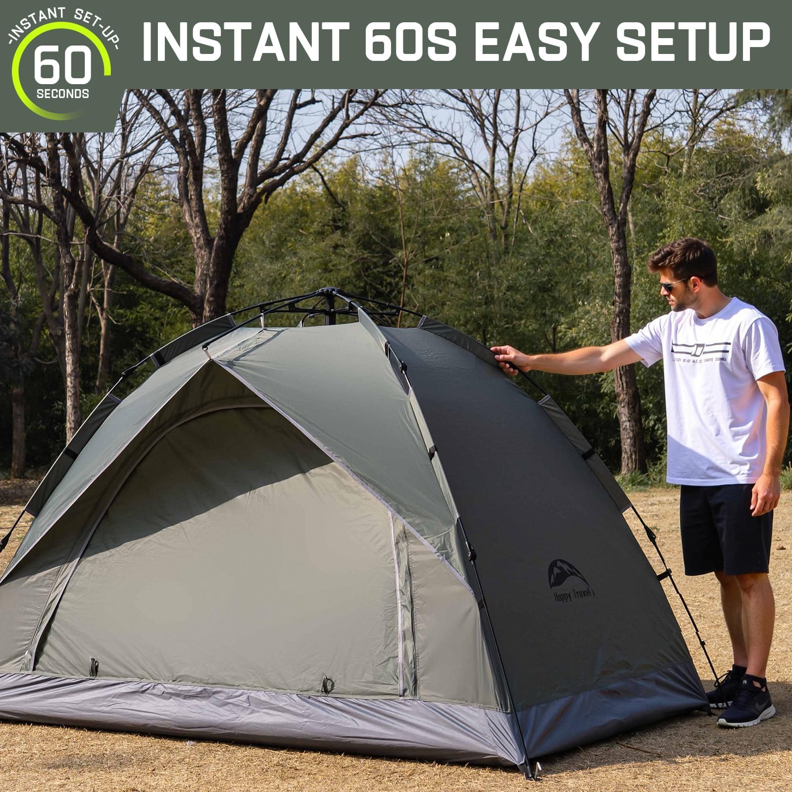 Happy Travel tent frame illustrates sturdy poles for wind-stable camping.