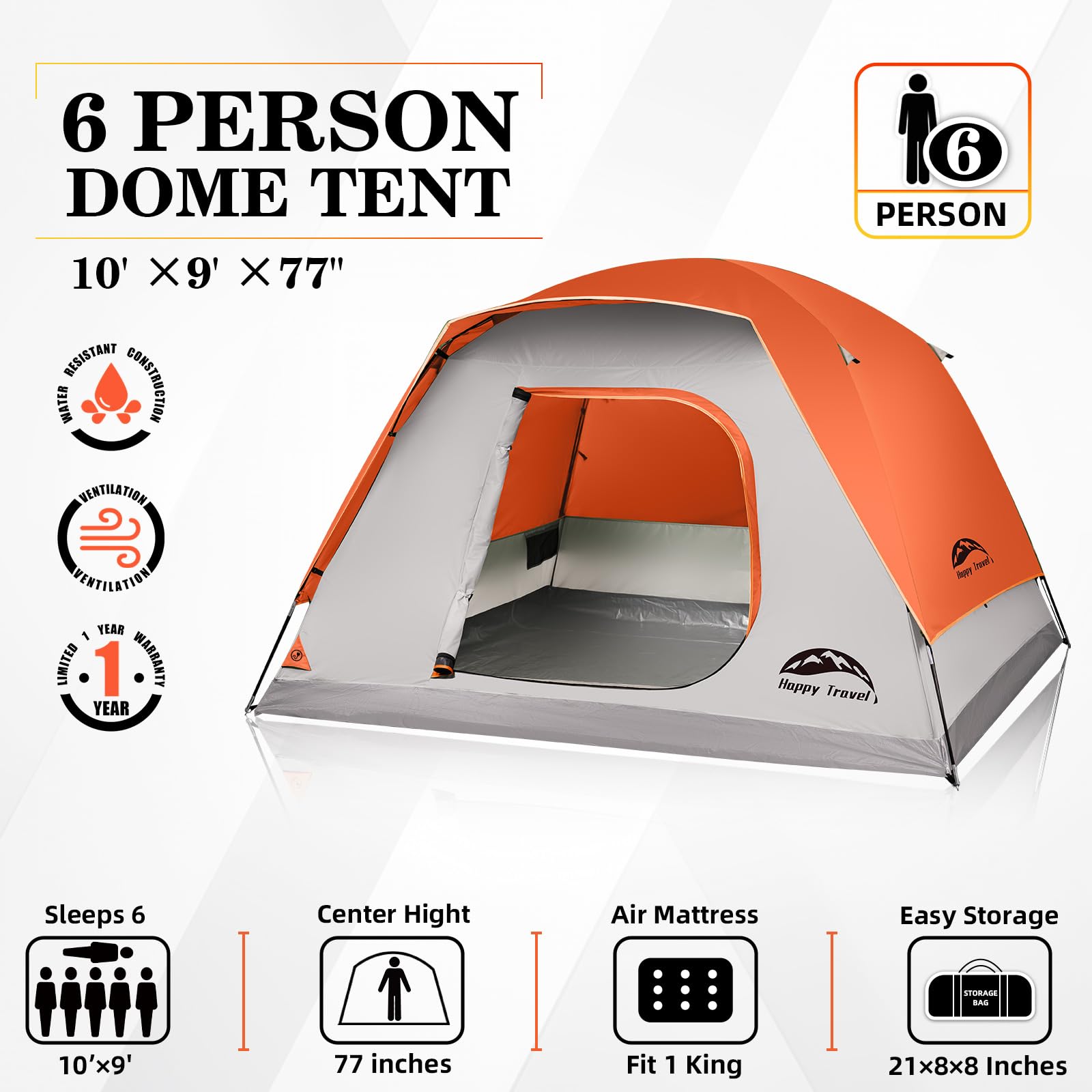 Happy Travel tent inside view with tall 77-inch center height for roomy sleep.