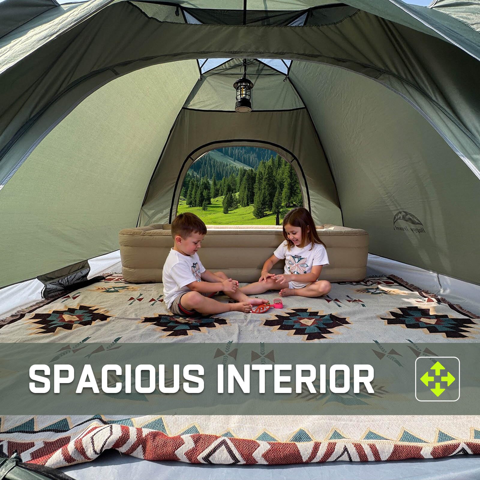 Happy Travel tent pop-up in action highlights quick, hassle-free shelter.