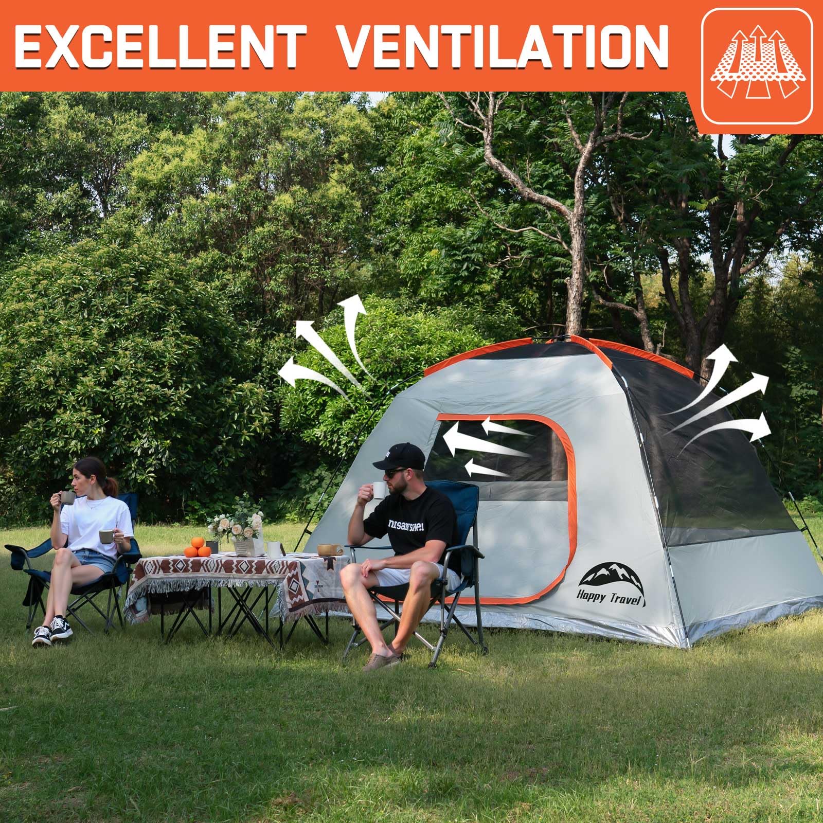 Happy Travel tent removable rainfly demonstrates easy weather shading and ventilation control.