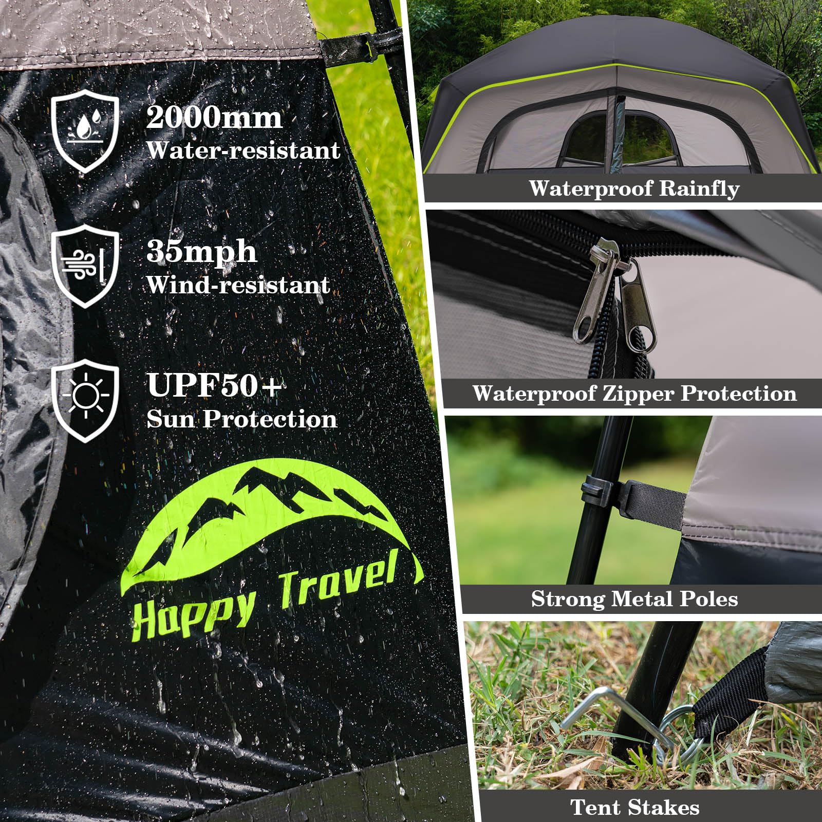 Happy Travel tent with sturdy 19mm poles and guylines for stability