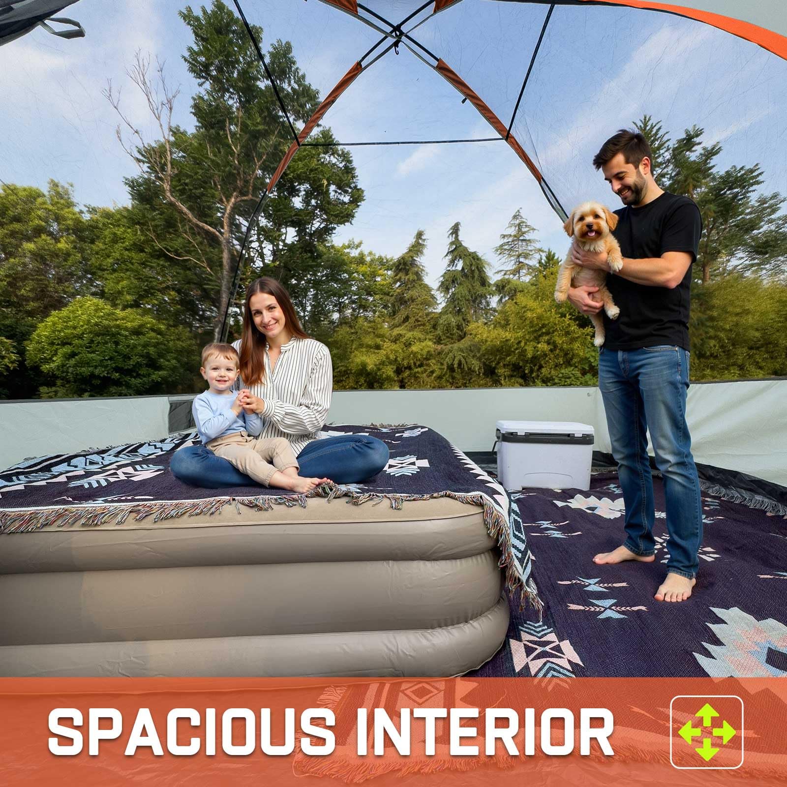 Happy Travel tent ventilation with large mesh panels for airflow and heat relief.