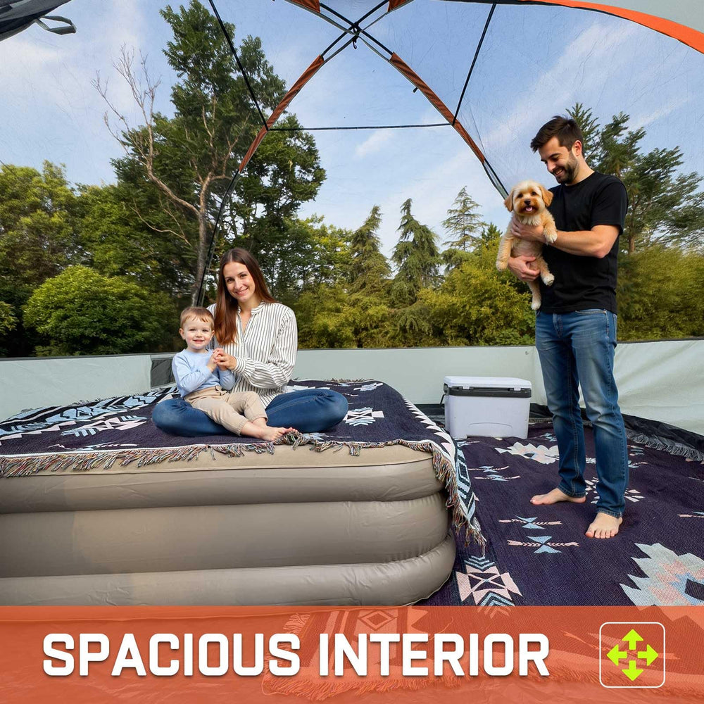 Happy Travel tent ventilation with large mesh panels for airflow and heat relief.