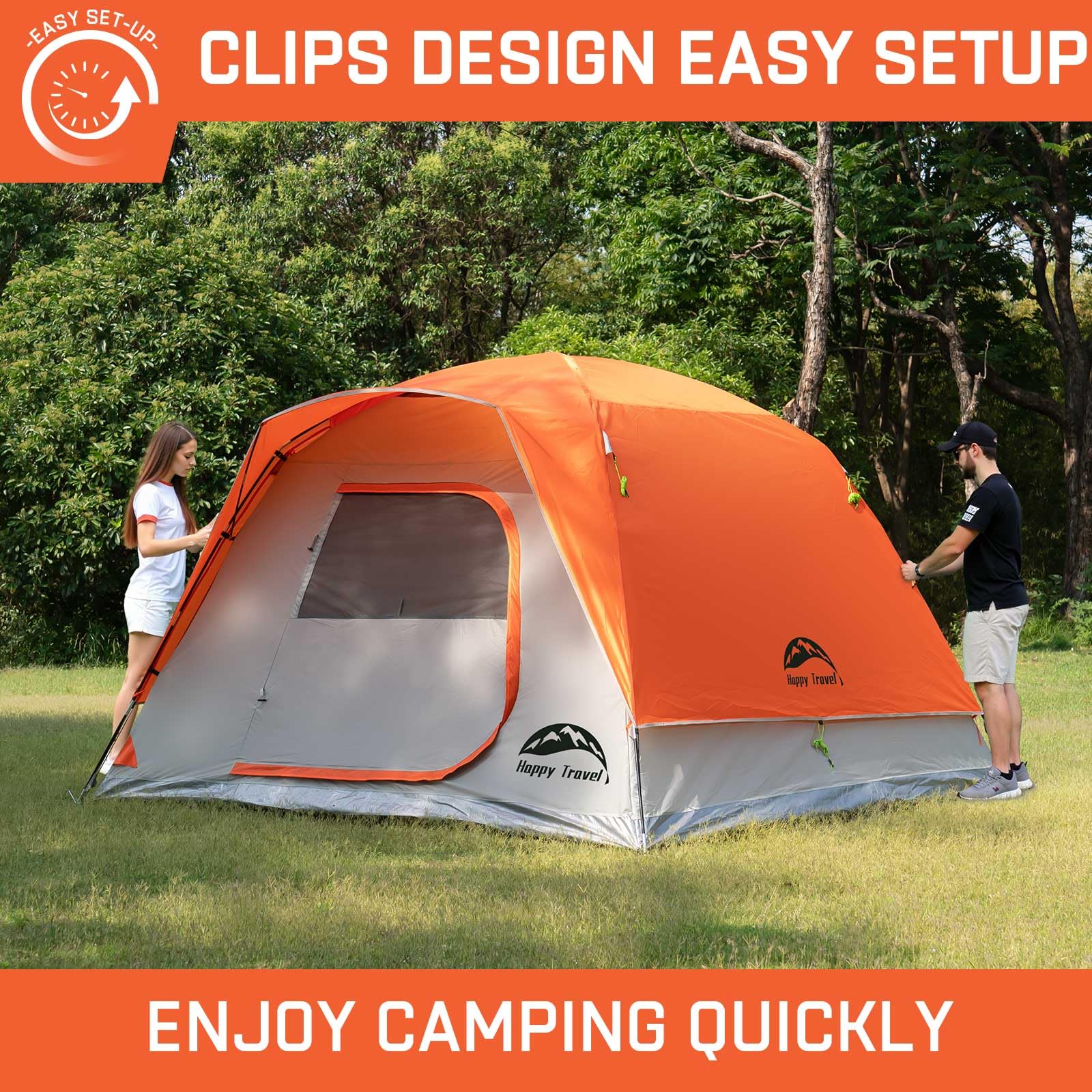 Happy Travel tent uses 2000mm waterproof coating to keep gear dry during rain.