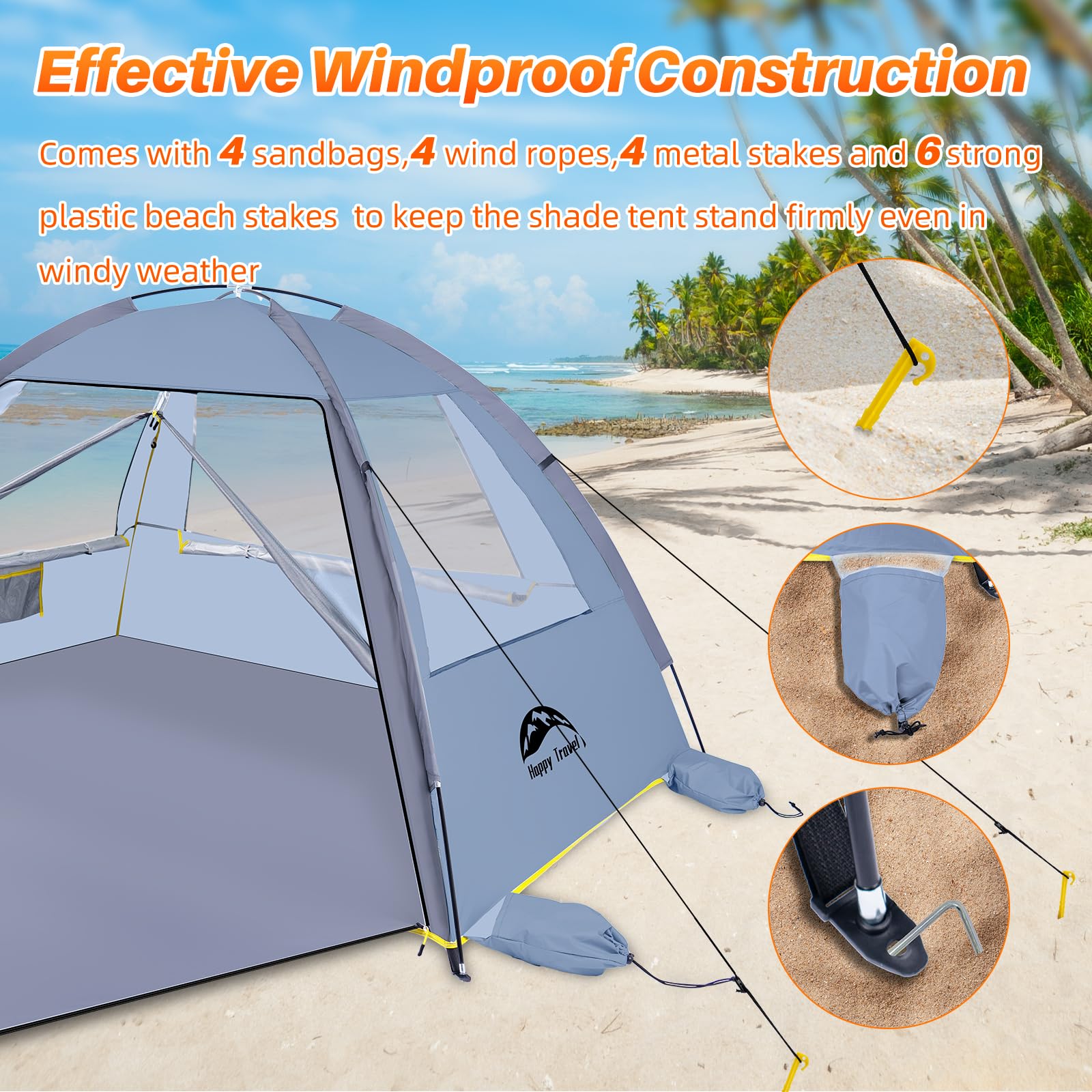Happy Travel windproof structure with stakes and sandbags enhances stability.