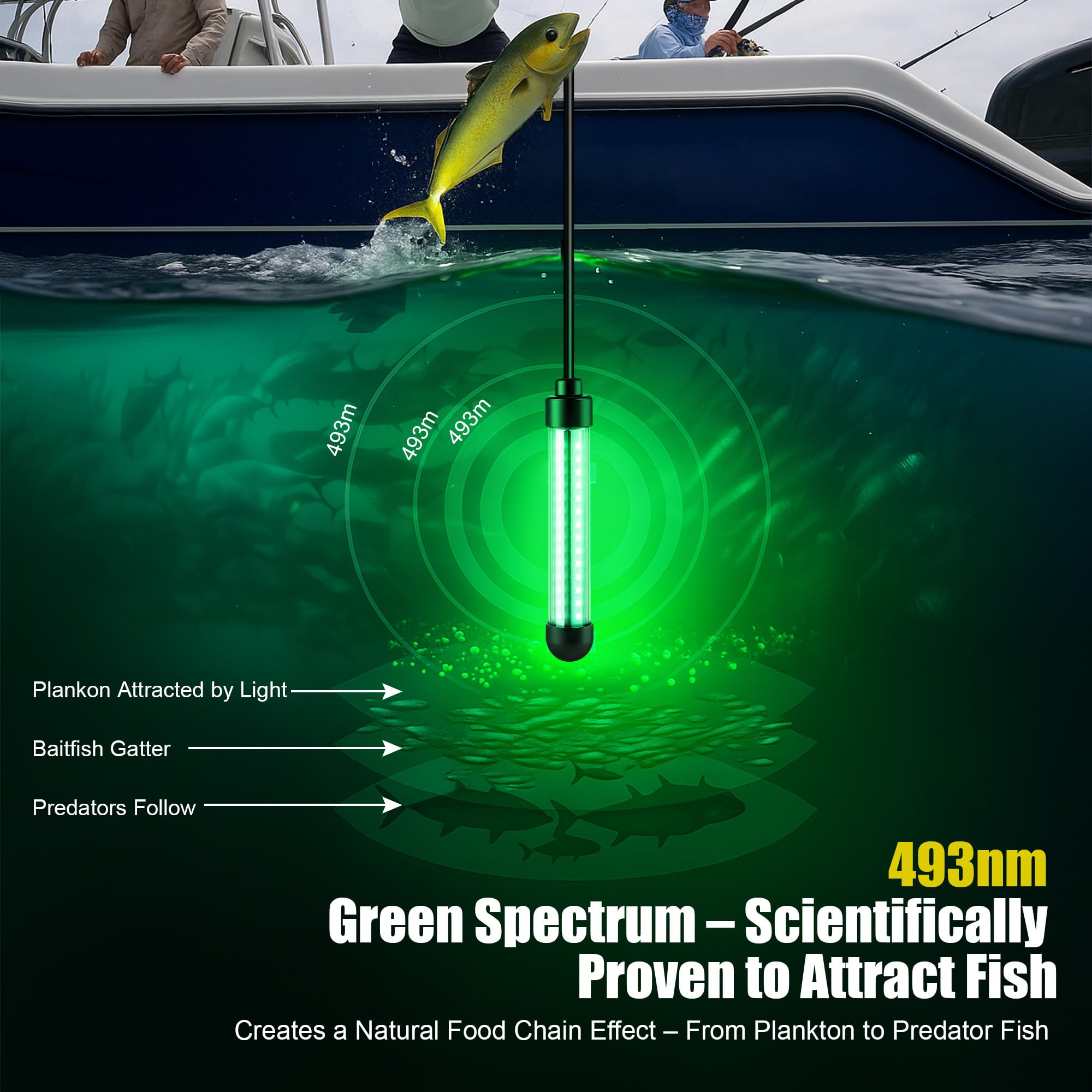 HappyAlley Underwater Light on a boat dock illustrates night fishing compatibility.