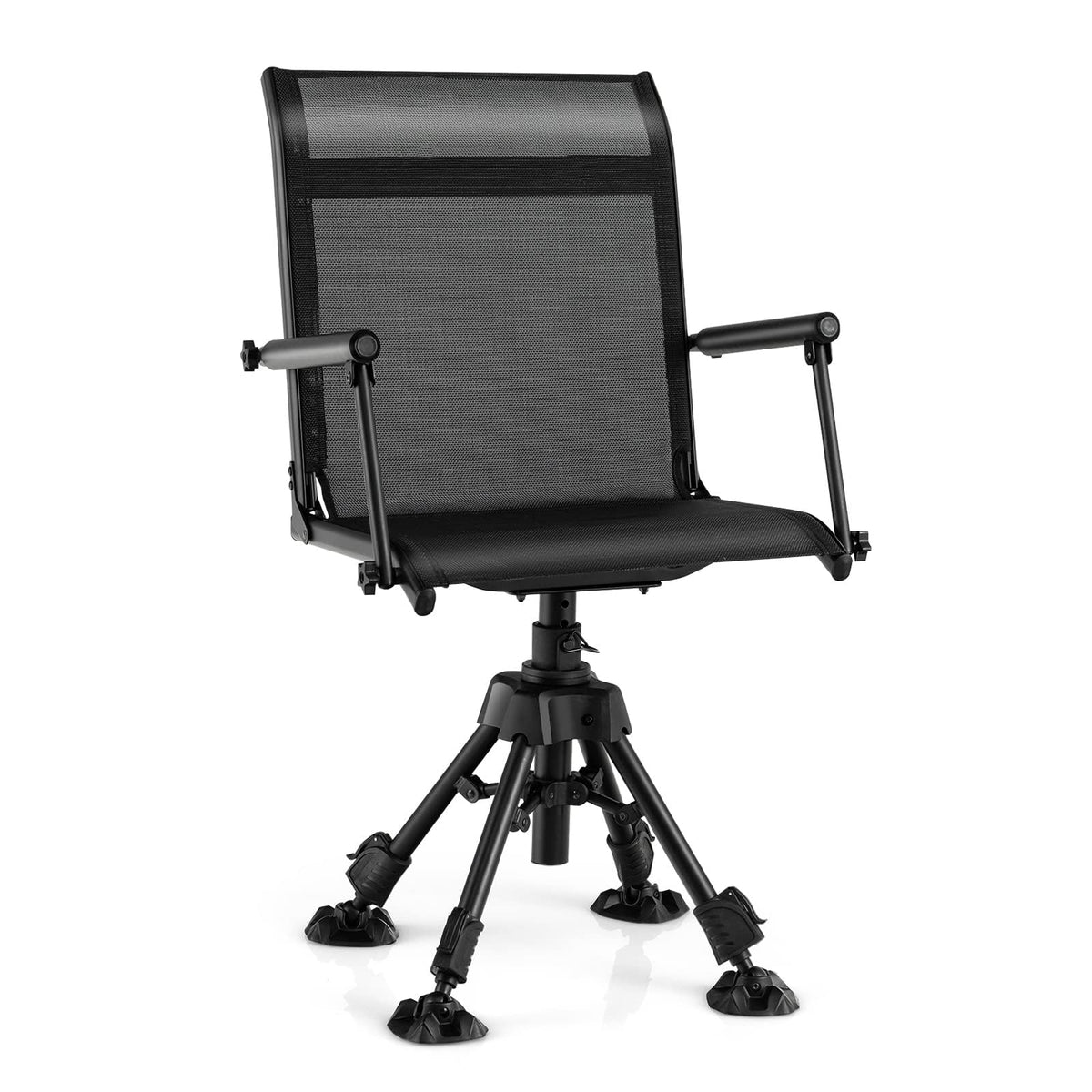 HAPPYGRILL 360° swivel hunting chair with quiet rotating base for all-direction viewing.