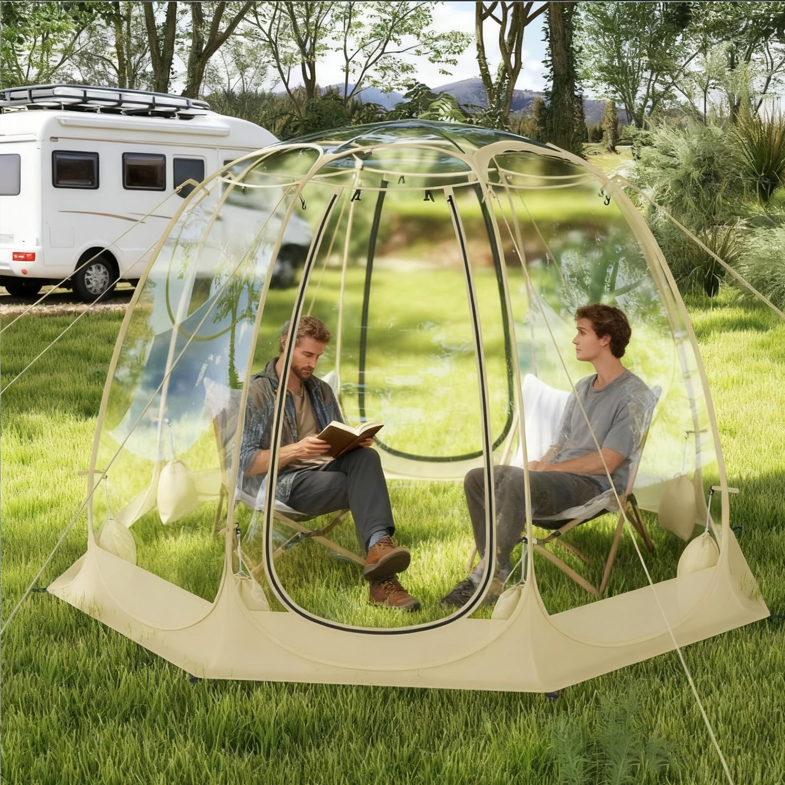 Sturdy stakes anchor the HAPPYGRILL Bubble Tent securely to the ground.