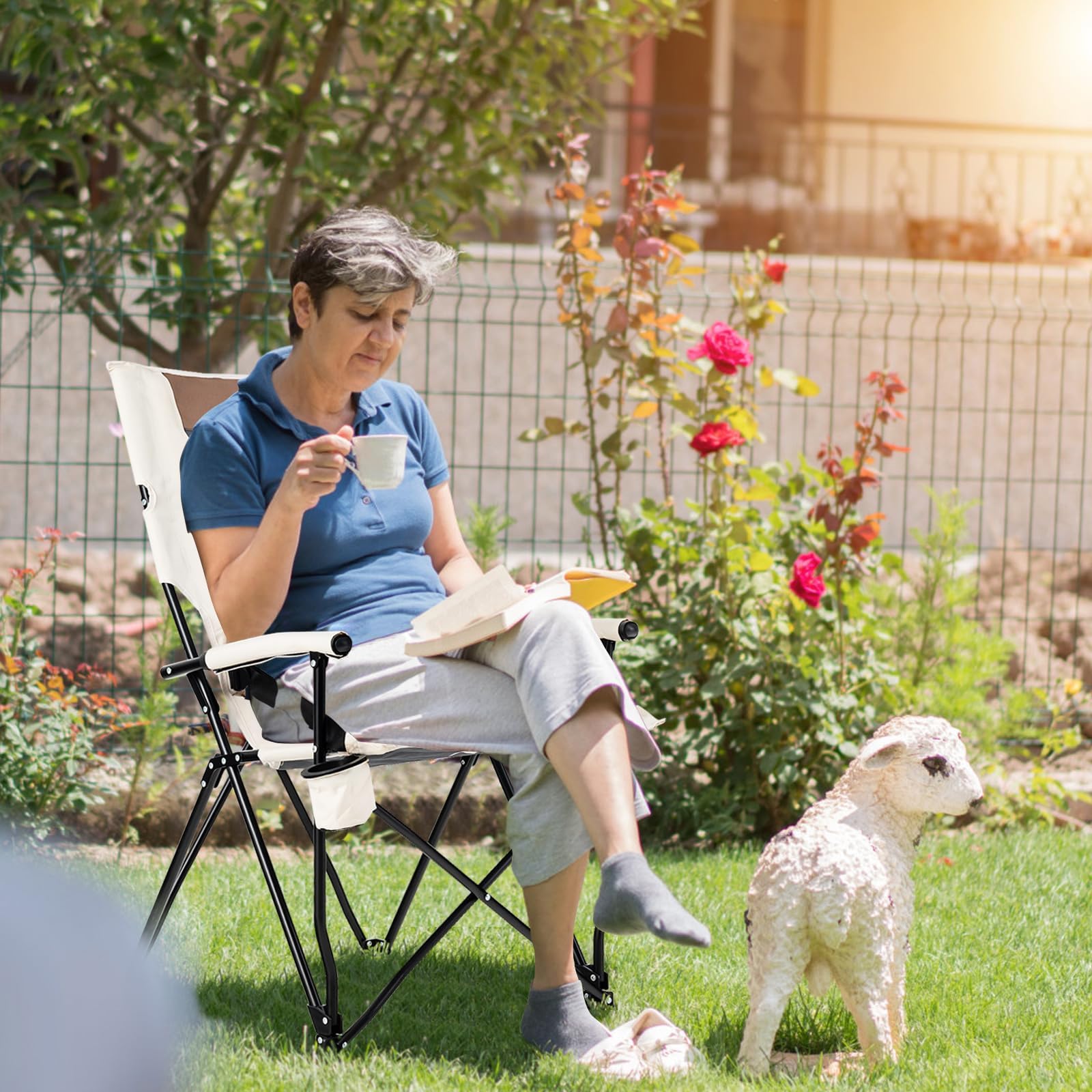HAPPYGRILL folding camping chair in carrying bag for easy transport and storage.