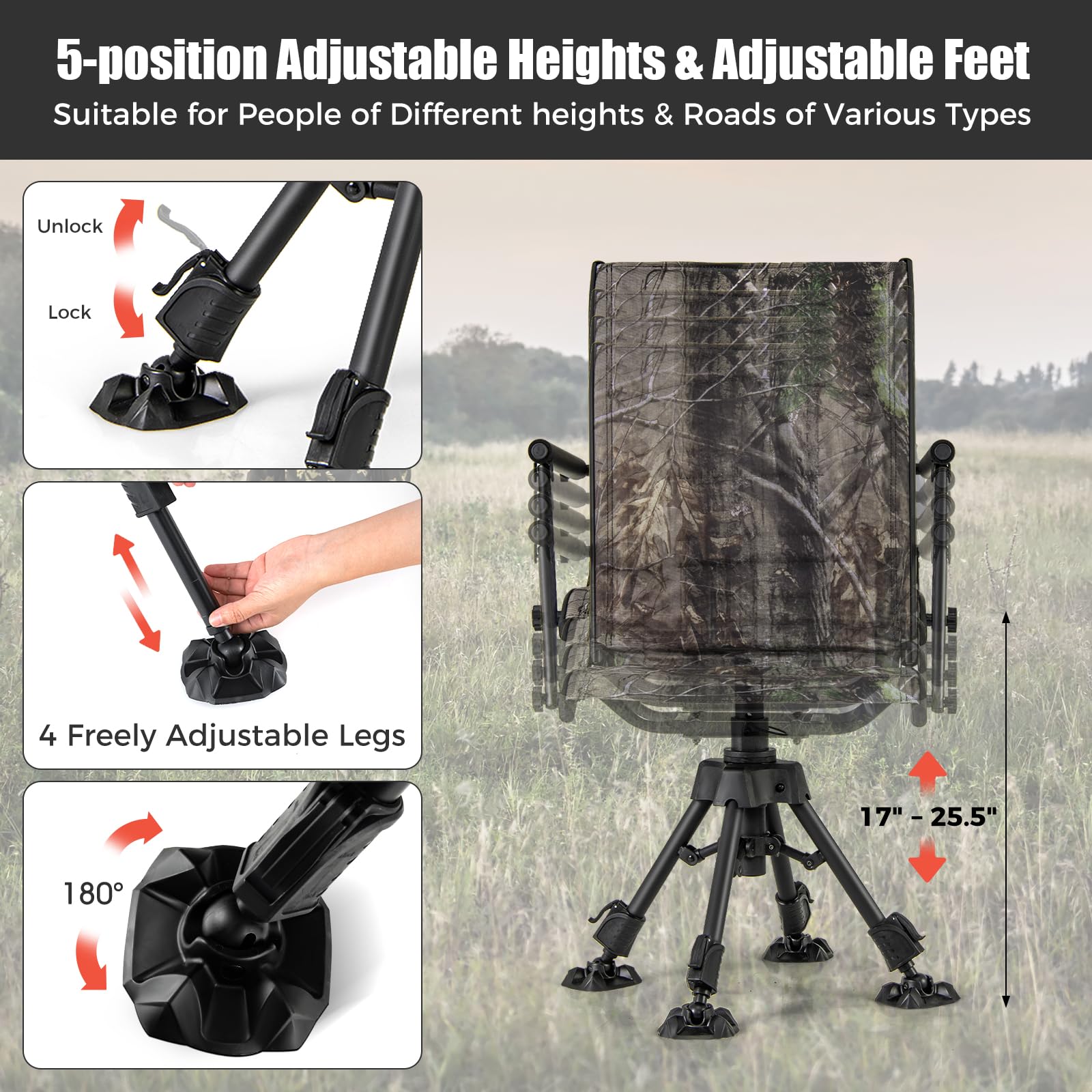 HAPPYGRILL folding silent hunting chair demonstrates discreet rotation without startling wildlife