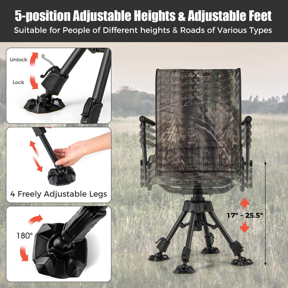 HAPPYGRILL folding silent hunting chair demonstrates discreet rotation without startling wildlife