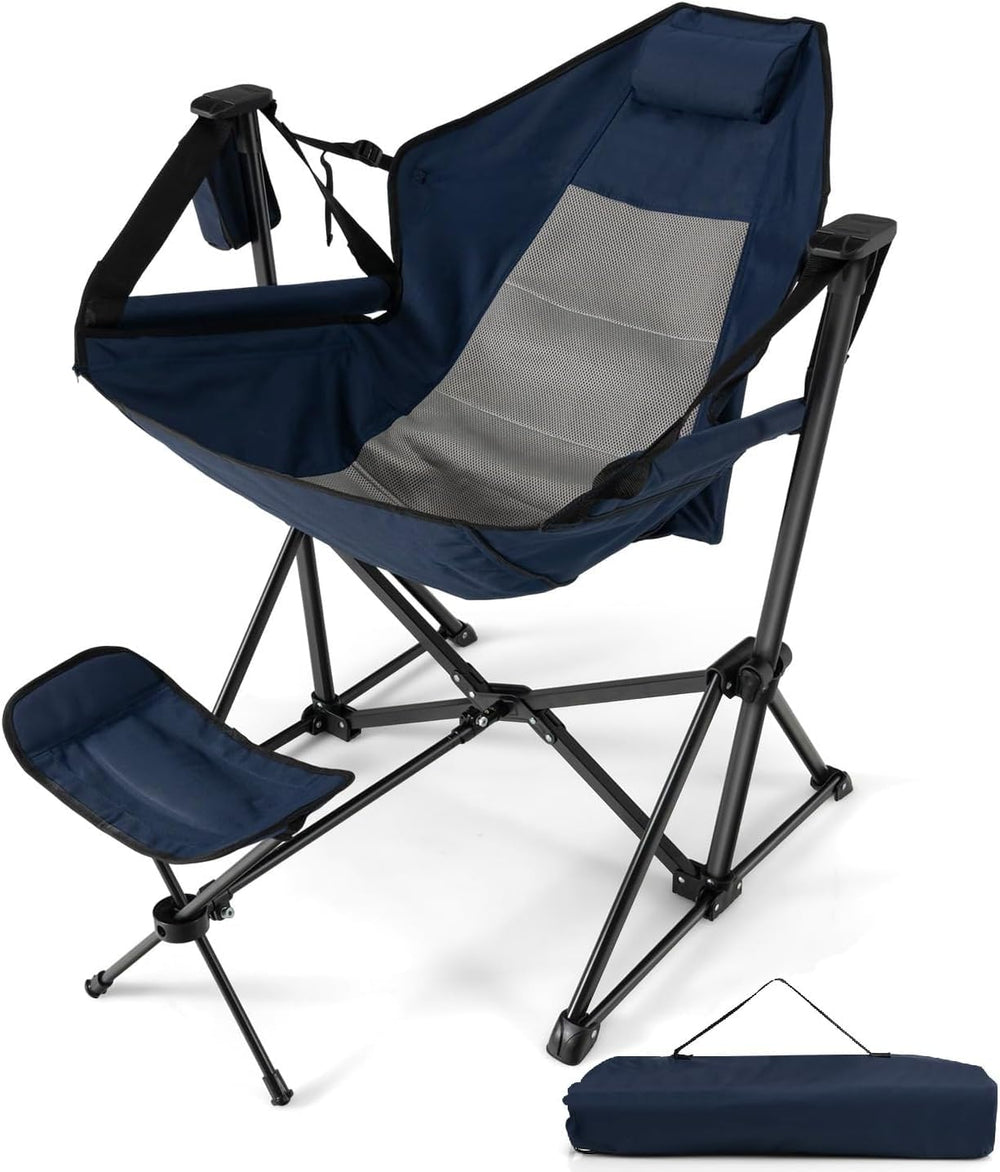 HappyGrill hammock chair with footrest extended for lounge by the lake