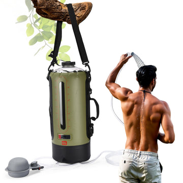 HappyPo portable shower bag setup for tidy camping rinses and travel-ready storage.