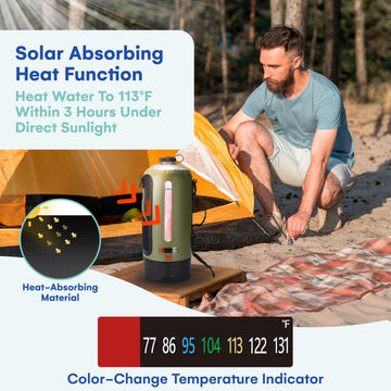 HappyPo solar-heated water with temperature indicator enables comfortable camp rinses.