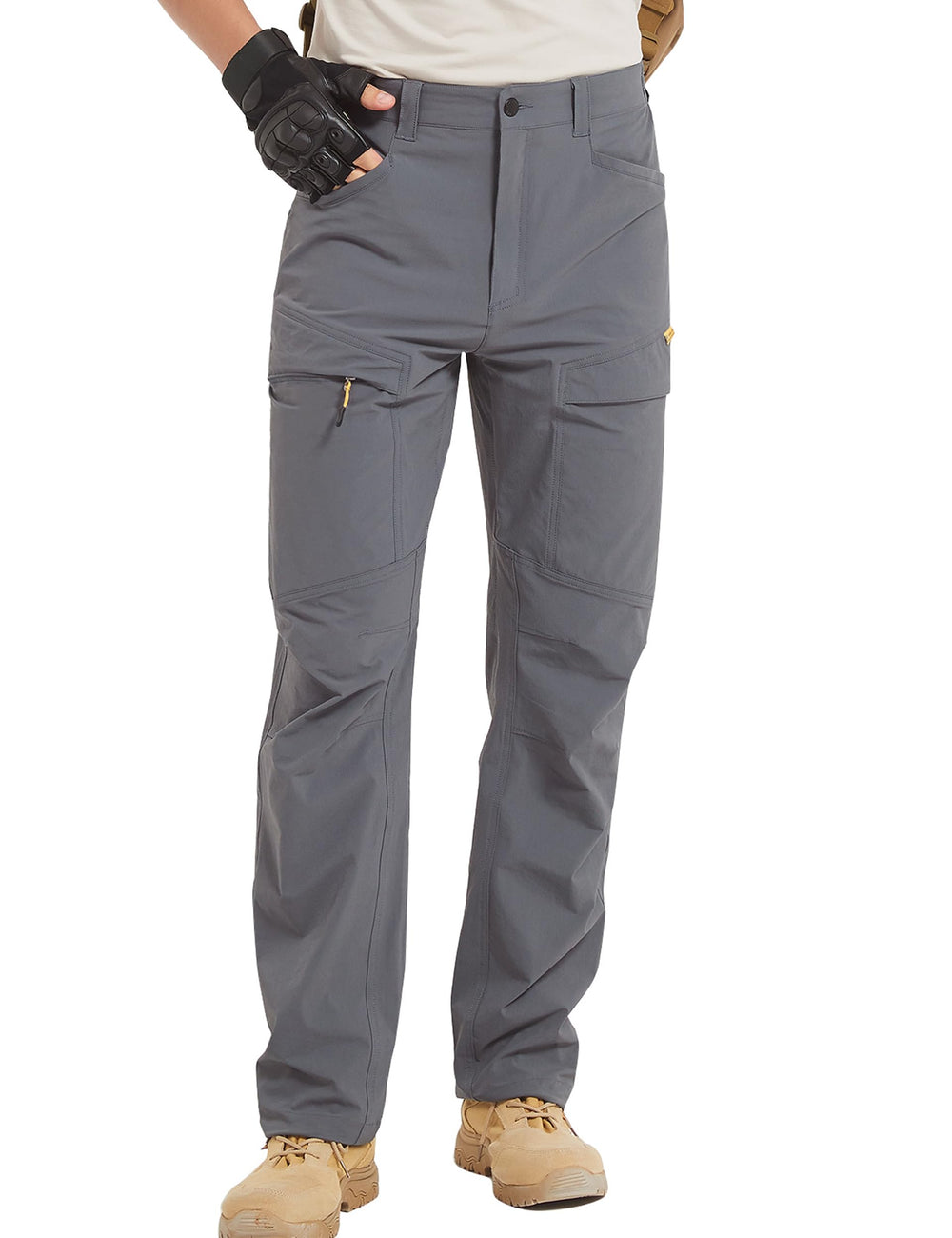 Hard Land mens hiking pants gray front view with secure pockets for gear.