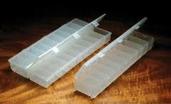 Hareline 10-compartment ribbed hook box for fly tying keeps hooks organized and accessible.