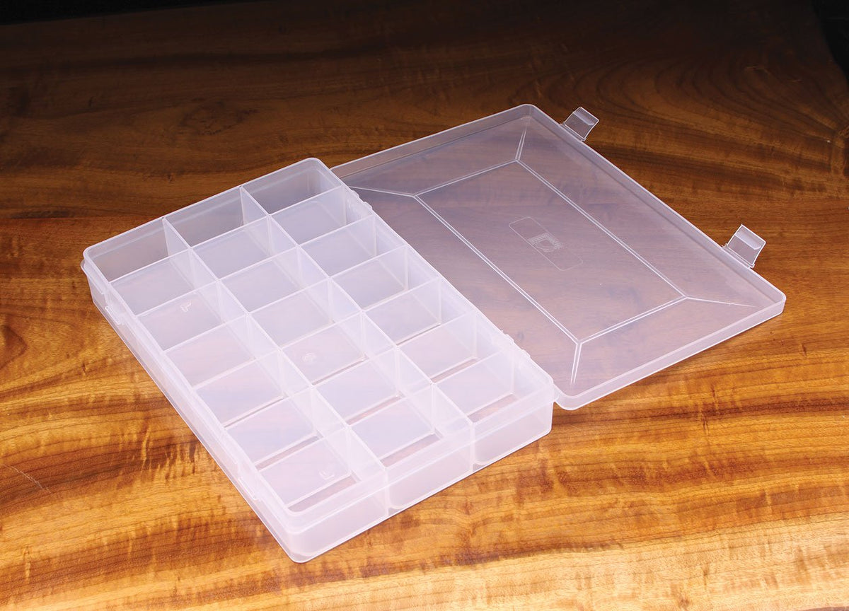 Hareline Box 21 COMP Hook Box with clear top keeps hooks organized for fly tying.