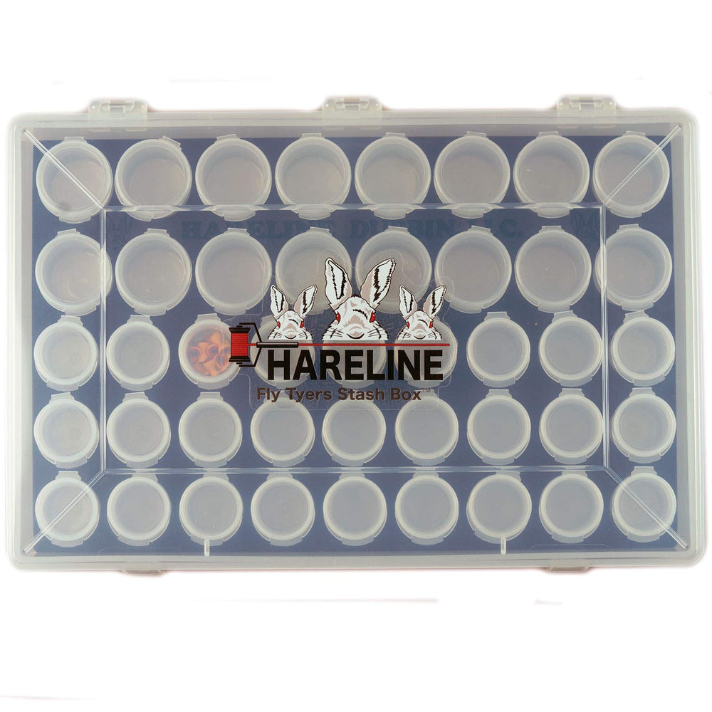 Hareline Dubbin Aeiniwer 43-pop-top stash box front view for organized hooks and beads.