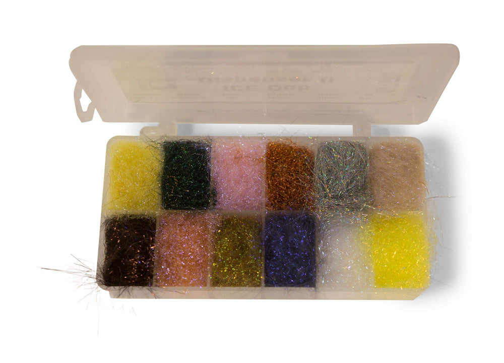 Hareline Ice Dub Dispenser II showing the 12-color palette for organized dubbing.