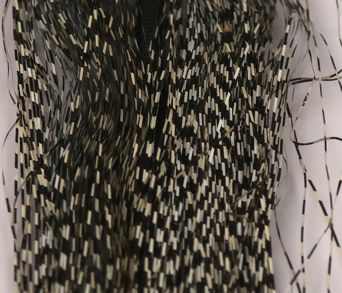 Hareline Dubbin Voodoo Fibers micro-barred black tan closeup highlighting lifelike flash