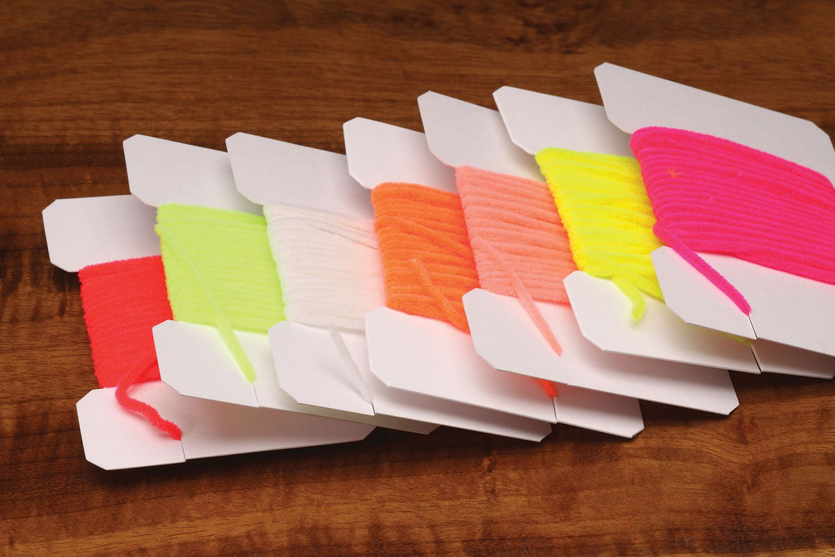 Hareline Dubbing Chenille in fluorescent green adds a buggy look to streamers and nymphs