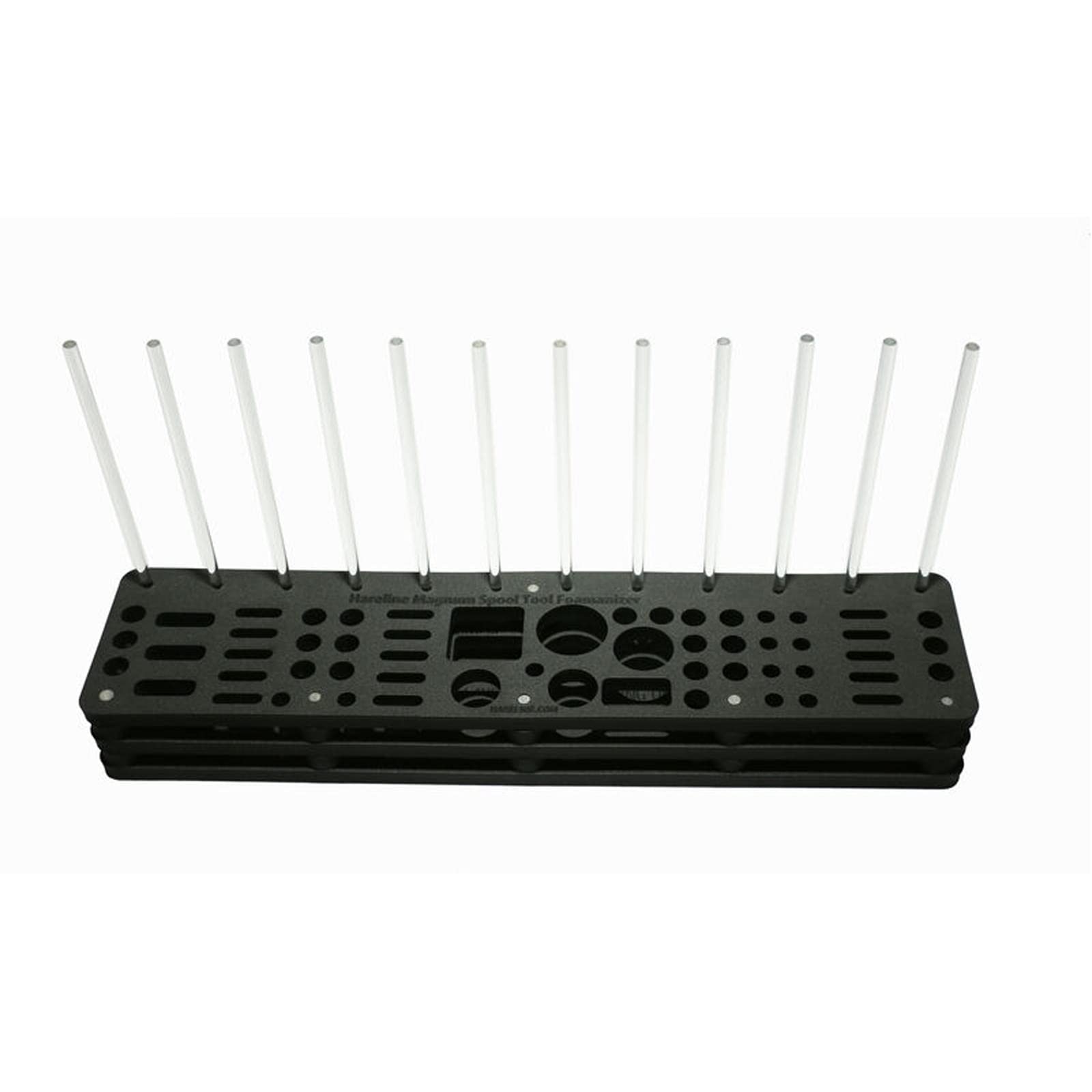 Hareline Foamanizer spool organization keeps spools neatly stored on the module.