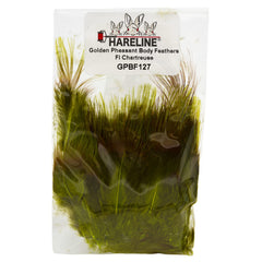 Hareline Golden Pheasant feathers in chartreuse for fly tying, ideal for bodies and wings