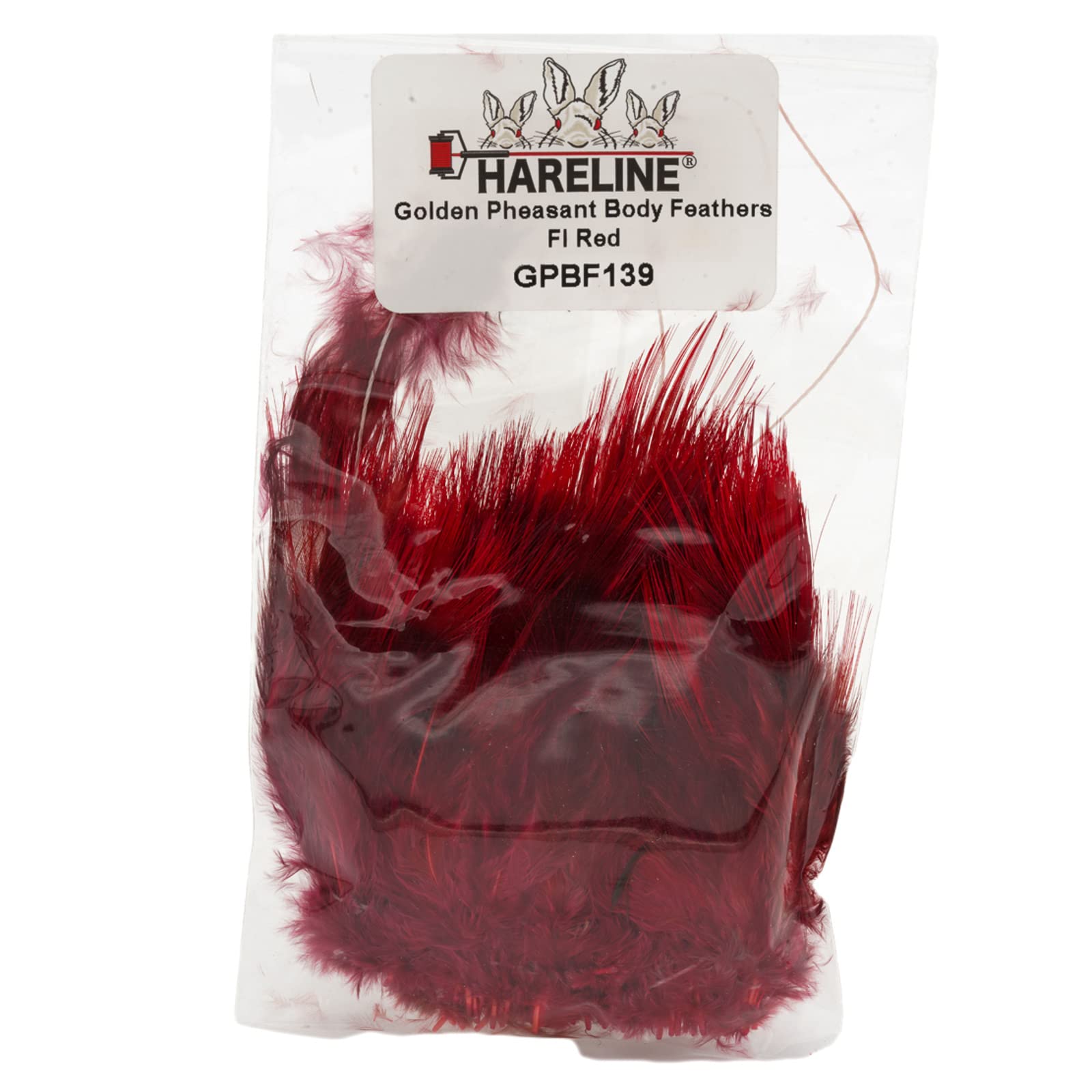 Hareline Golden Pheasant body feathers in red for vibrant fly tying, ideal for nymphs and wing accents.
