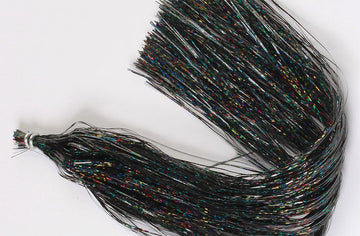Hareline Holographic Flashabou Black, vibrant prism flash for fly tying and lures.