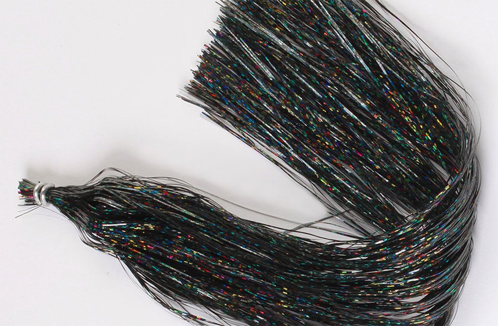 Hareline Holographic Flashabou Black, vibrant prism flash for fly tying and lures.