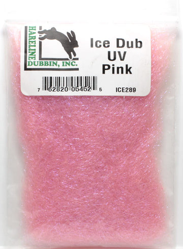 Hareline Ice Dub 289 UV Pink spool highlights sparkling dubbing for vibrant fly patterns.