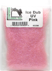 Hareline Ice Dub 289 UV Pink spool highlights sparkling dubbing for vibrant fly patterns.