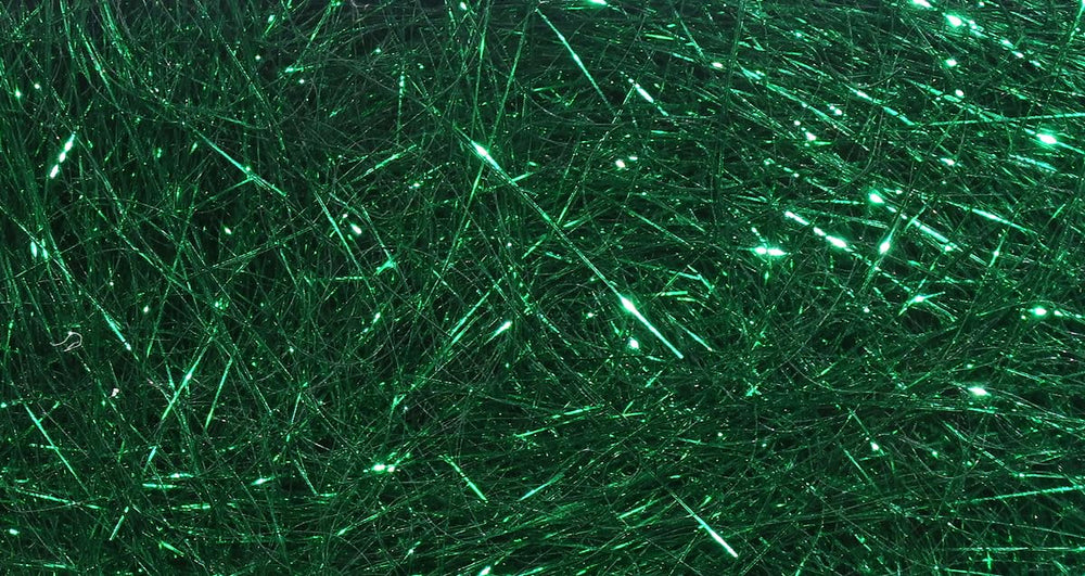 Hareline Ice Dub Emerald Green bottle close-up highlighting shimmering fibers for water visibility