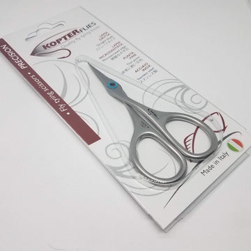 Hareline Kopter Flies scissors with micro-serrated blades for precise, clean cuts during fly tying.
