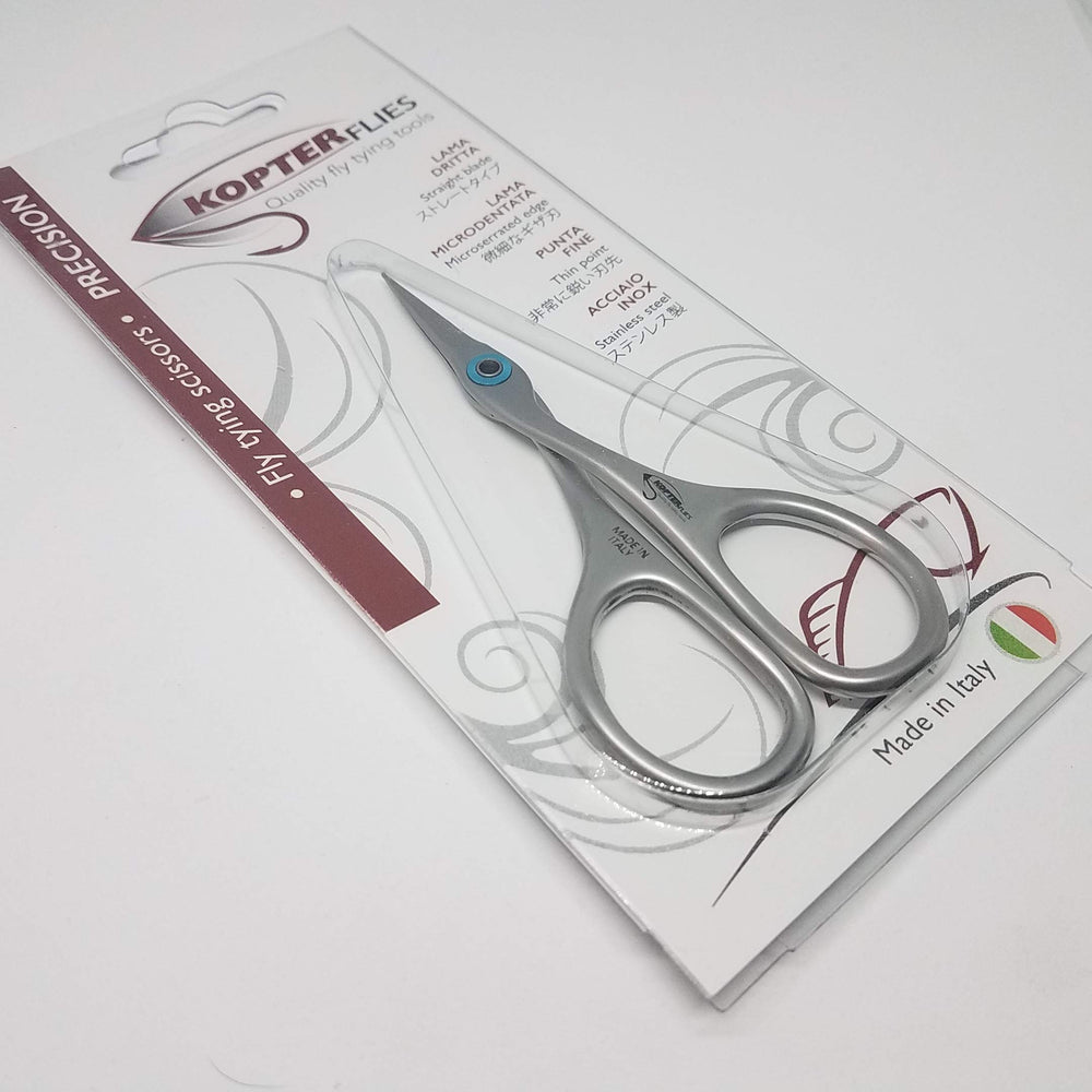 Hareline Kopter Flies scissors with micro-serrated blades for precise, clean cuts during fly tying.