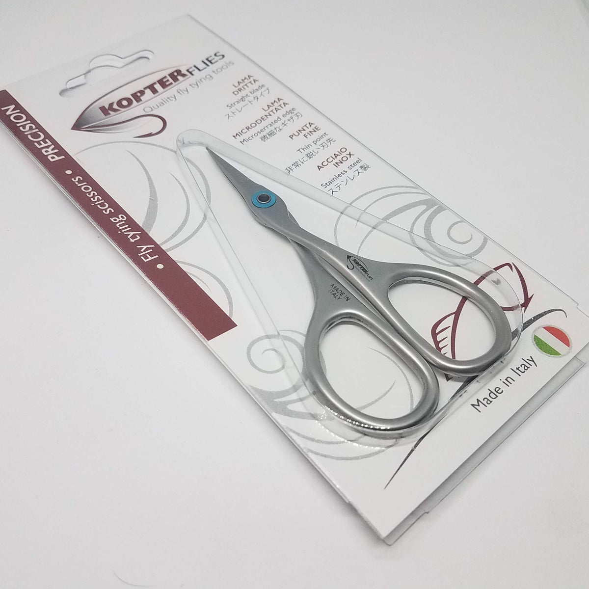 Hareline Kopter Flies scissors with micro-serrated blades for precise, clean cuts during fly tying.