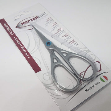 Hareline Kopter Flies scissors highlight micro-serrated blades for precise cuts in fly tying