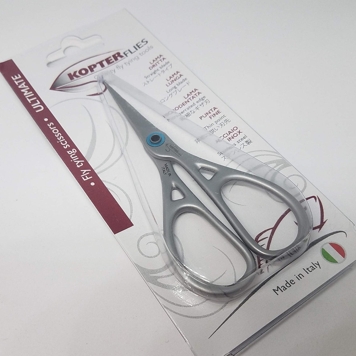 Hareline Kopter Flies scissors highlight micro-serrated blades for precise cuts in fly tying