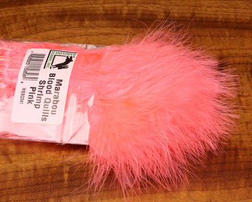 Close-up of Hareline Marabou Strung Blood Quills Shrimp Pink feathers for lifelike patterns.