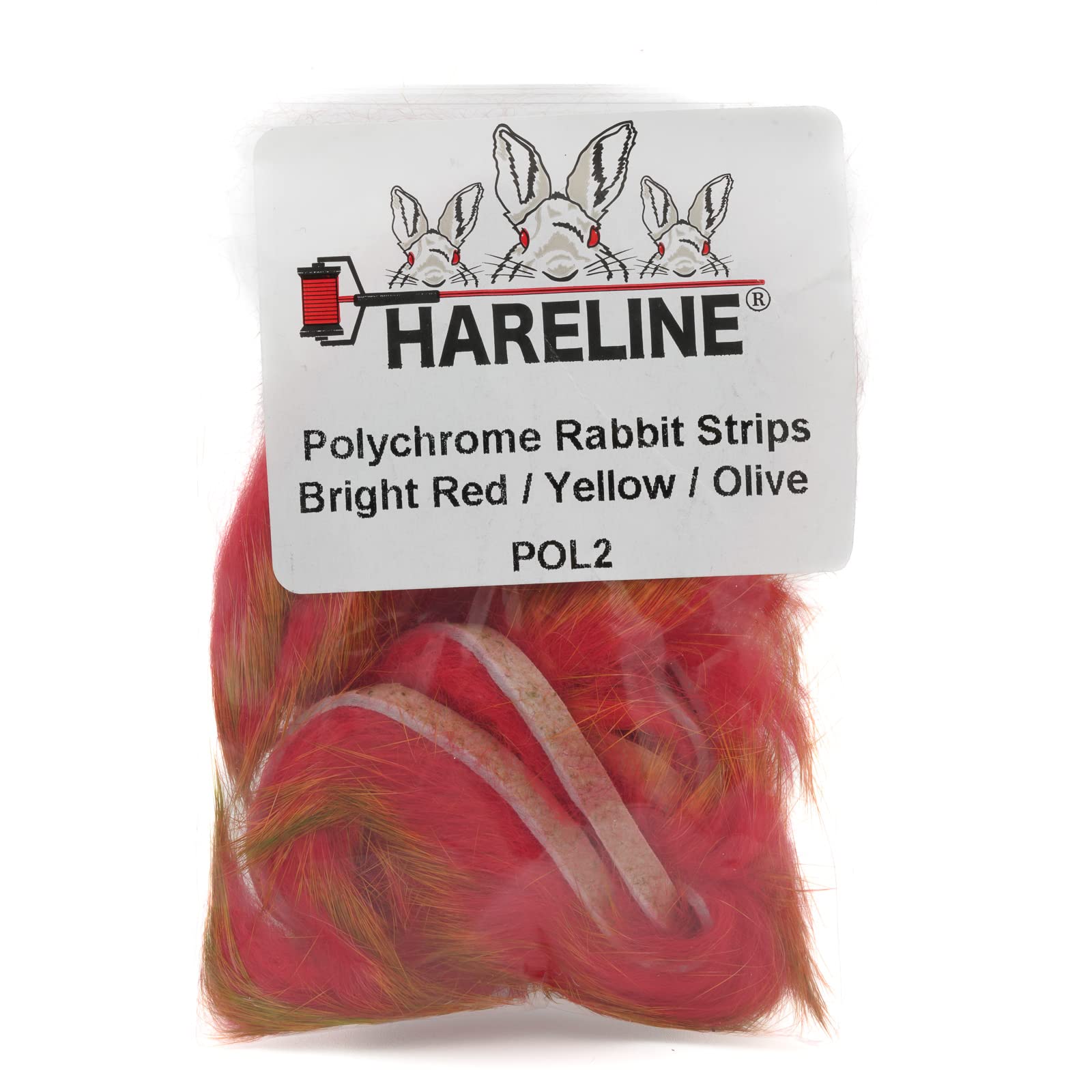 Hareline Polychrome Rabbit Strips in bright red, yellow, olive for vibrant streamers and lifelike movement.