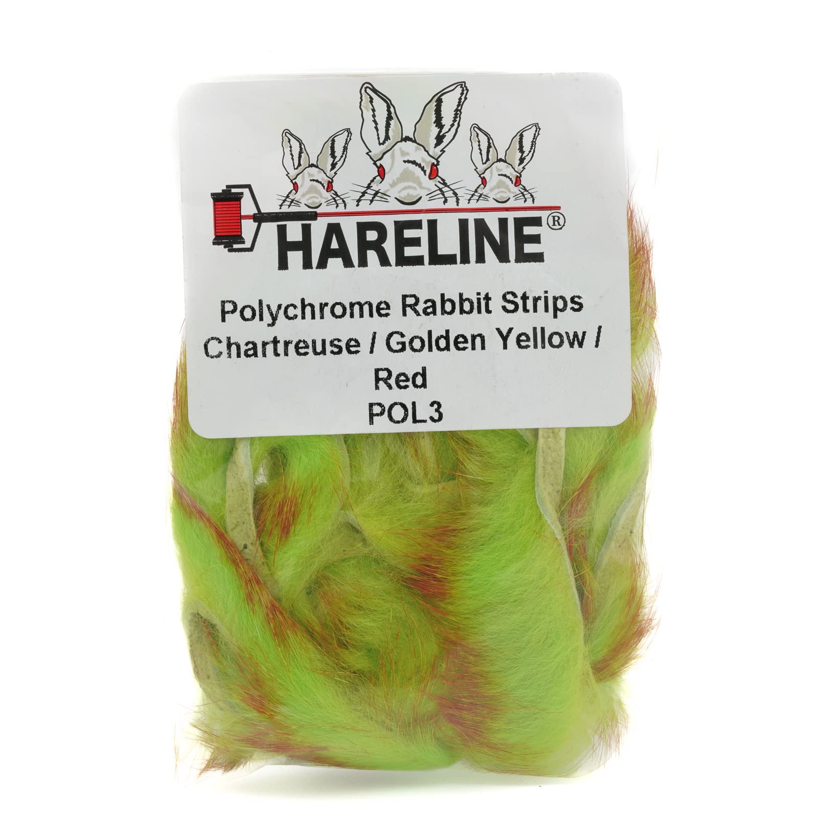 Hareline Polychrome Rabbit Strips in chartreuse, gold, and red add bold color to streamer patterns.