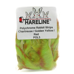 Hareline Polychrome Rabbit Strips in chartreuse, gold, and red add bold color to streamer patterns.