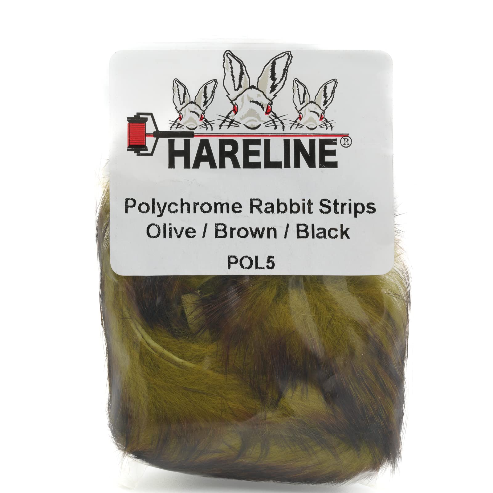 Hareline Polychrome Rabbit Strips in olive, brown, and black add vivid color and natural movement for streamers