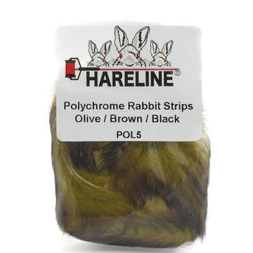 Hareline Polychrome Rabbit Strips in olive, brown, and black add vivid color and natural movement for streamers