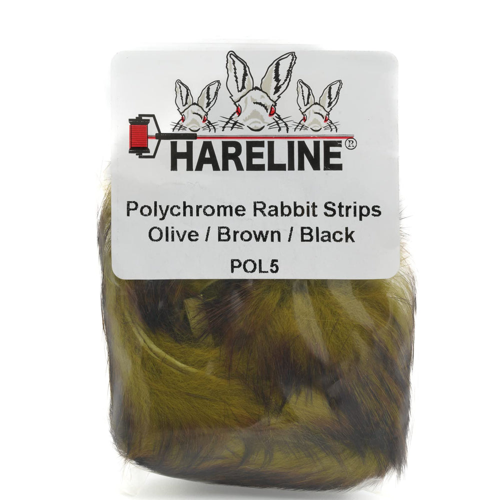 Hareline Polychrome Rabbit Strips in olive, brown, and black add vivid color and natural movement for streamers
