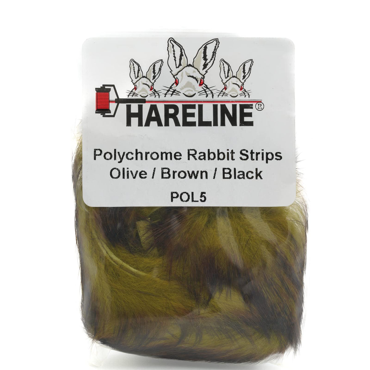 Hareline Polychrome Rabbit Strips in olive, brown, and black add vivid color and natural movement for streamers