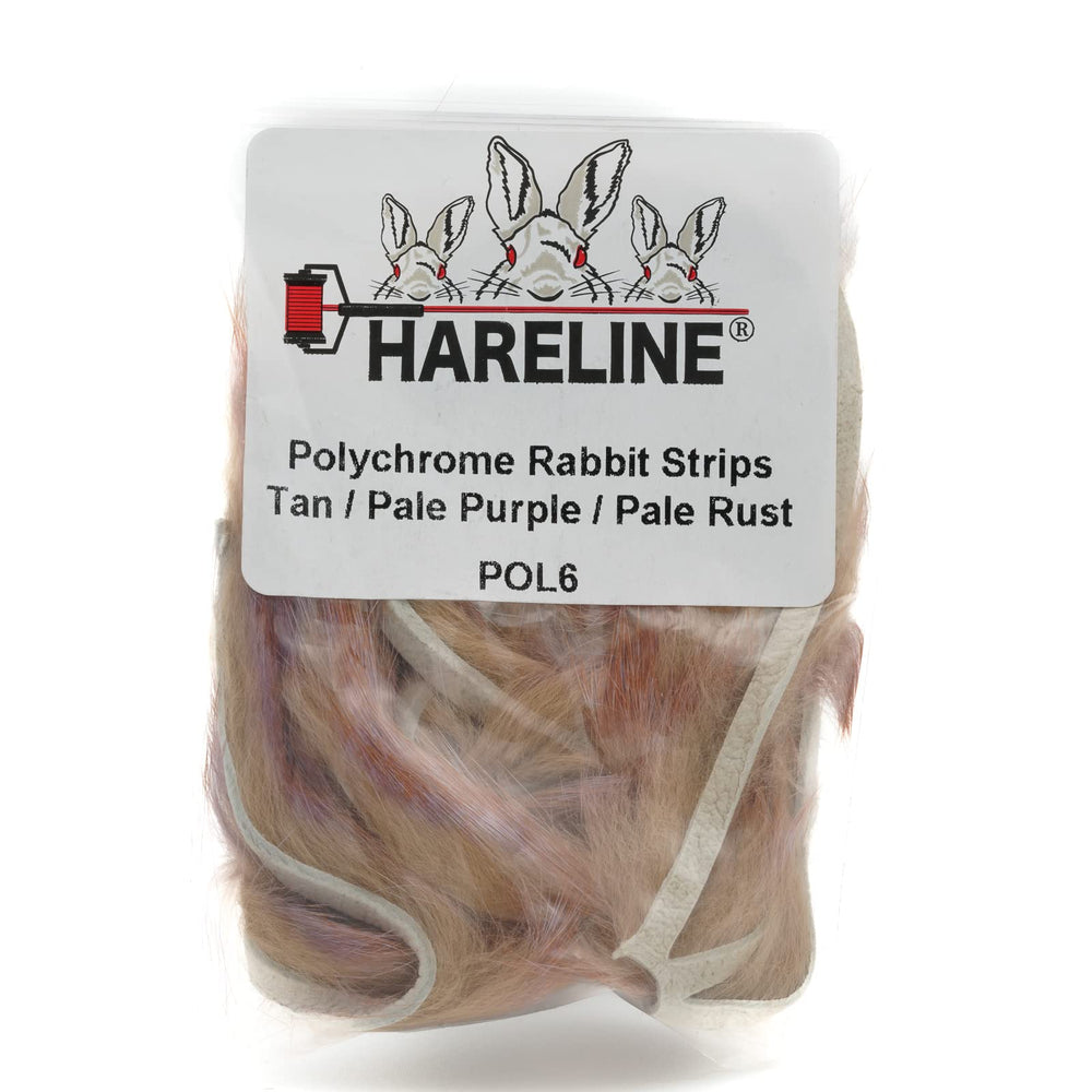 Hareline Polychrome Rabbit Strips in tan, pale purple, pale rust for vibrant streamers and natural movement.