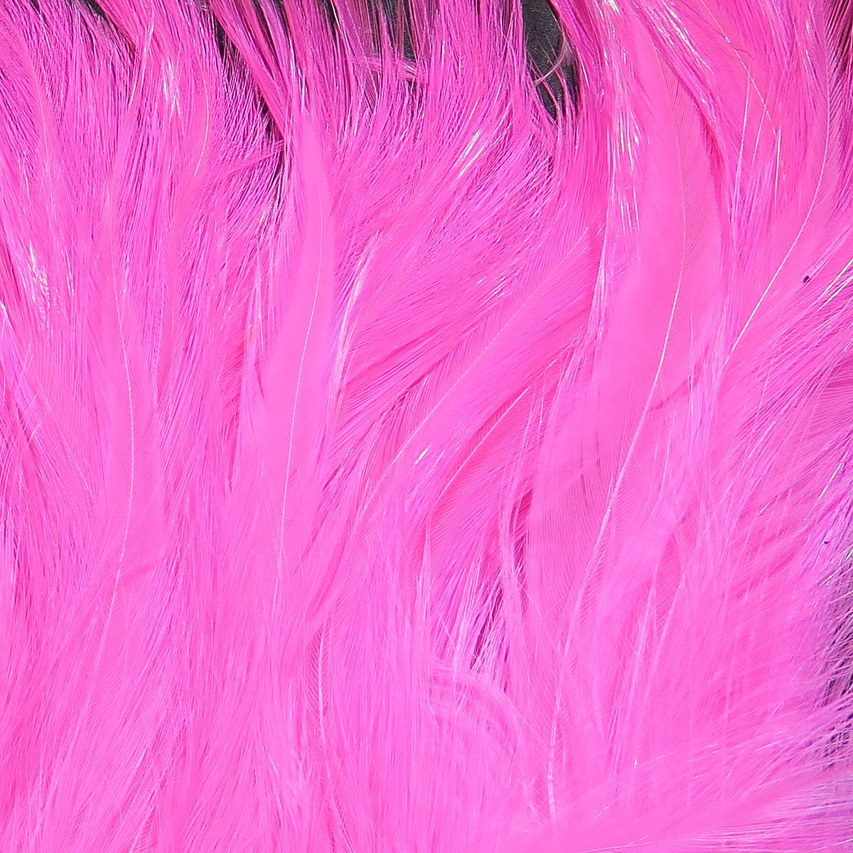 Hareline Saltwater Neck Hackle Hot Pink 188 close-up shows vibrant color and stiff quills for durable flies