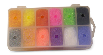 Hareline Steelhead Ice Dub Dispenser highlights 12-color compartments for versatile fly tying.
